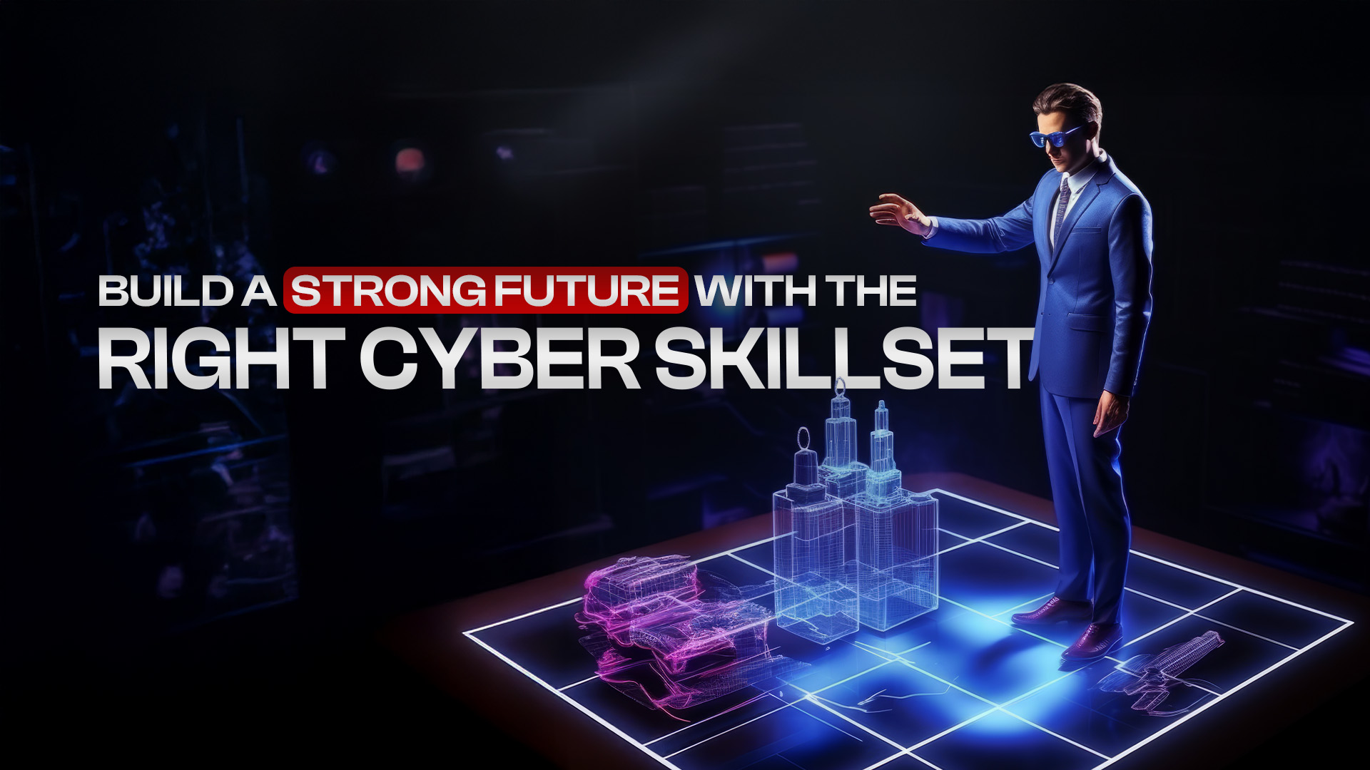 Best Ethical hacking academy in Kerala banner showing a professional analyzing futuristic digital infrastructure, symbolizing ethical hacking and cyber skill development.